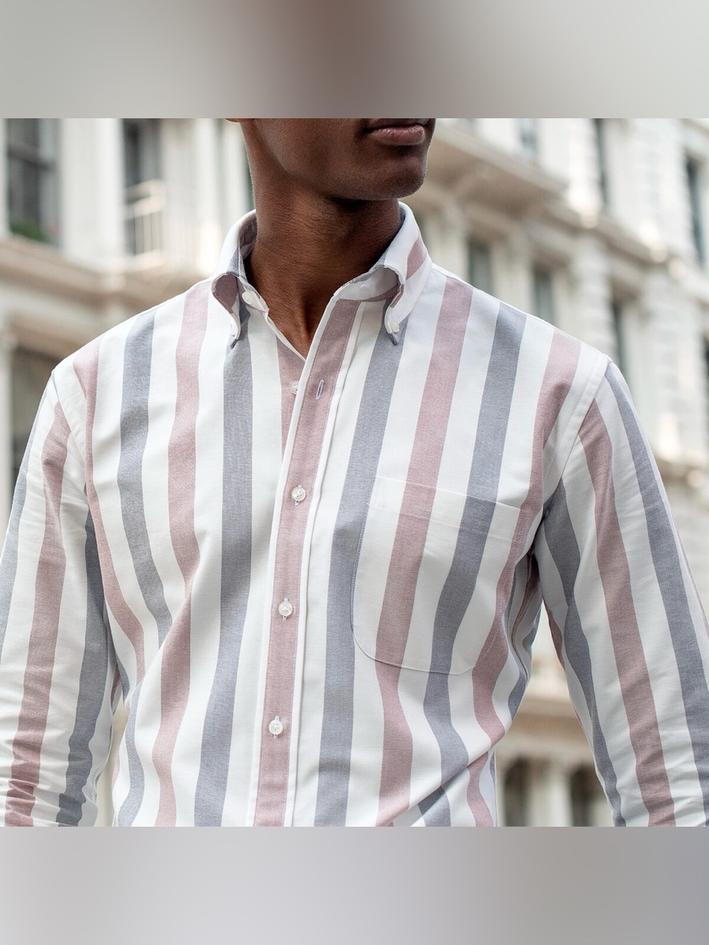 Proper Cloth American Pima Navy & Red Melange Wide Stripe Oxford Button Down – M